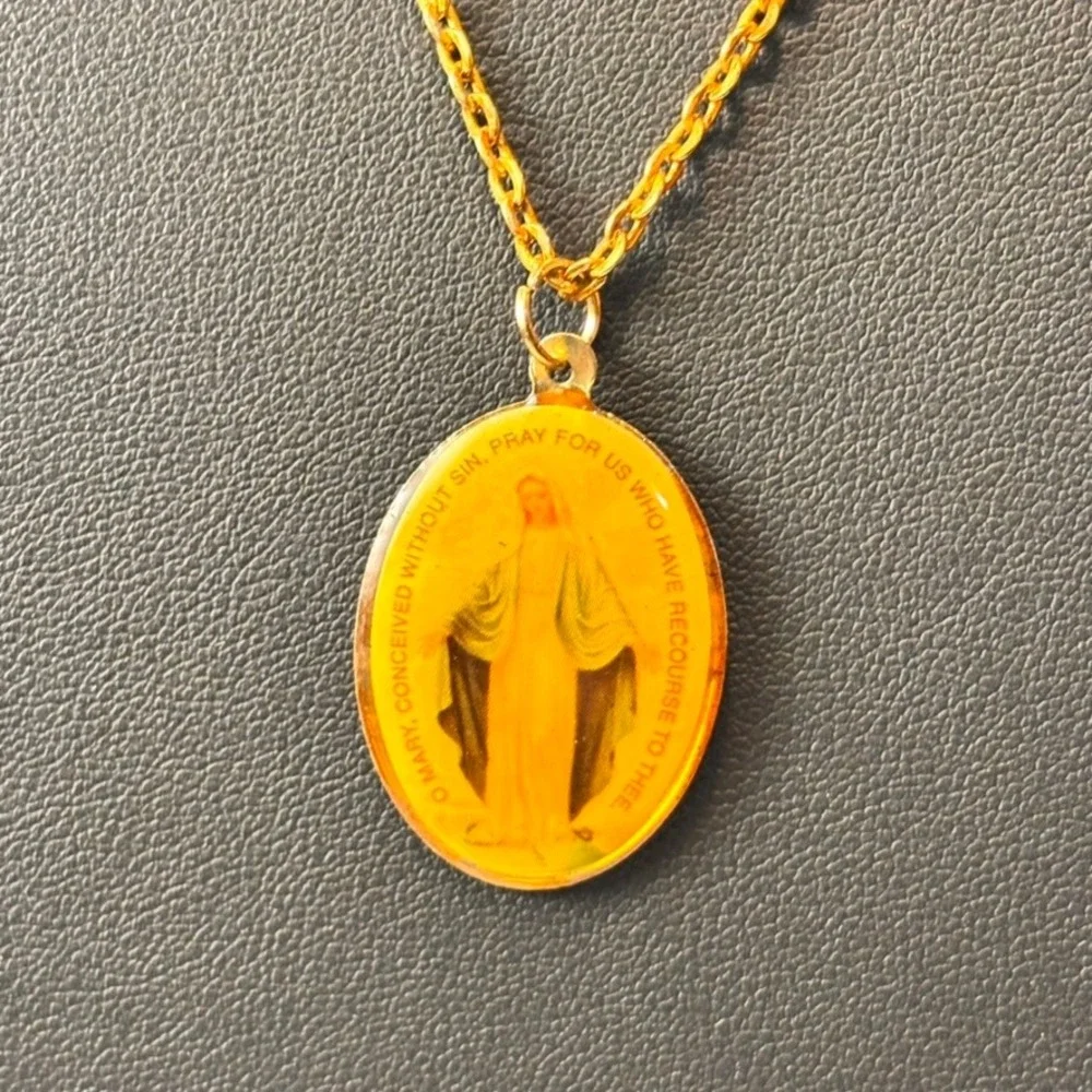 Vintage Miraculous Medal Necklace Gold Yellow Resin Religious Catholic Statement